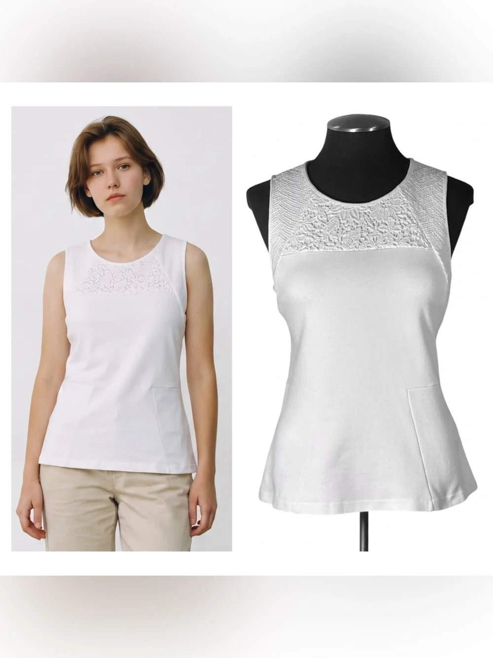 🆕 J.Crew – White Structured Mixed Lace Cotton Blend Sleeveless Top – Size Small